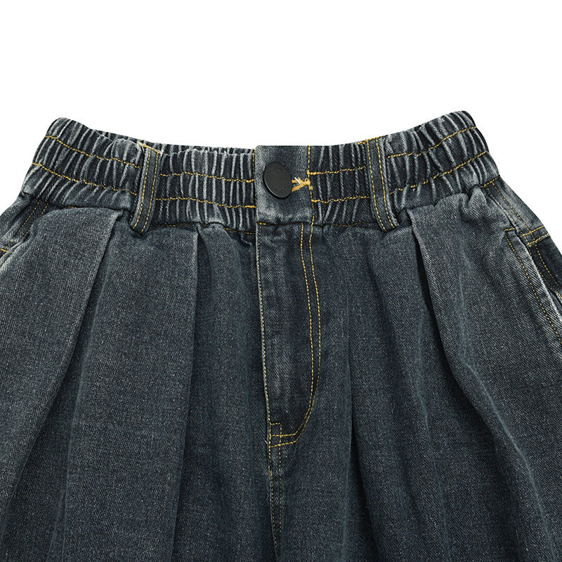 Ladies Wide Denim Pants with Pleats, Elastic Waistband and Casual Silhouette Mune Fashion