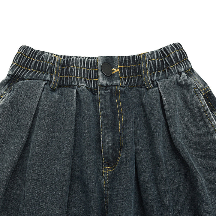 Ladies Wide Denim Pants with Pleats, Elastic Waistband and Casual Silhouette Mune Fashion