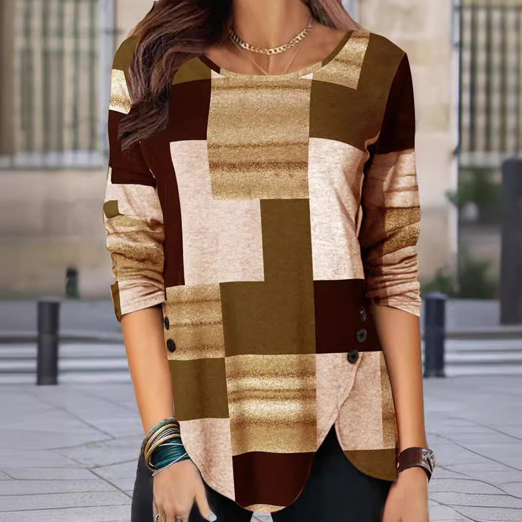 Women Patterned Long Sleeve Tunic Shirt with Asymmetrical Hem and Decorative Button Placket Mune Fashion