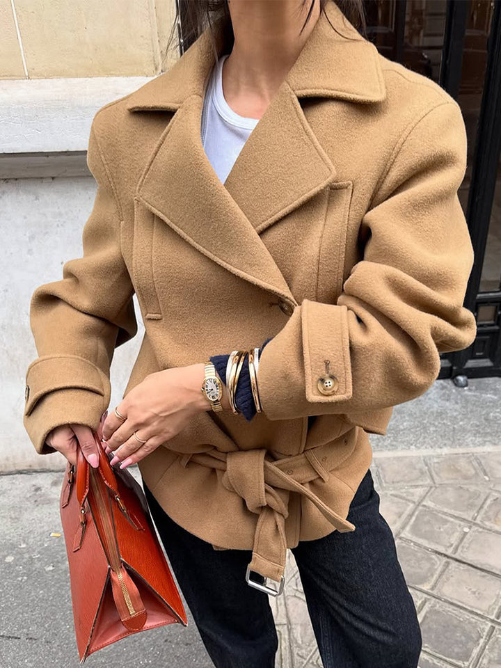 Women Tailored Wool Blend Short Coat with Tie Belt, Wide Lapels and Button Cuffs Mune Fashion
