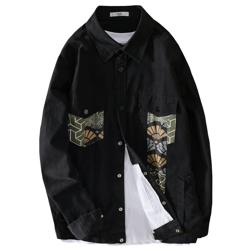 Men's Lightweight Canvas Overshirt in Worker Style with Japanese Pattern Patch and Snap Button Placket Mune Fashion