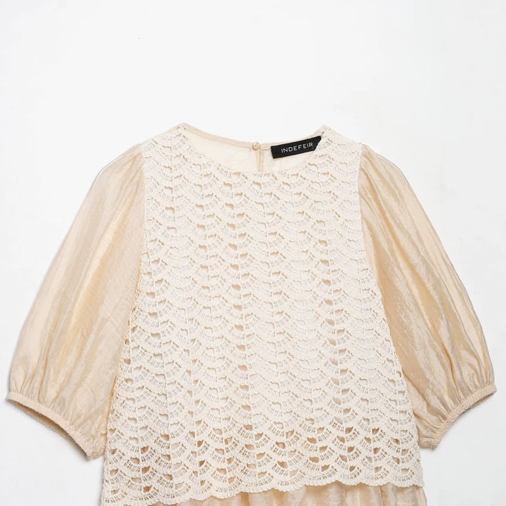 Ladies Crochet Overlay Blouse with Ruffle Underlayer and Puff Sleeves Mune Fashion