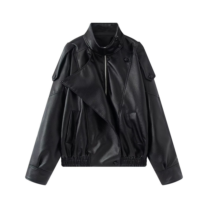 Women Oversized Faux Leather Biker Jacket with Asymmetric Lapel, Stand Collar, and Waist Drawstring Mune Fashion