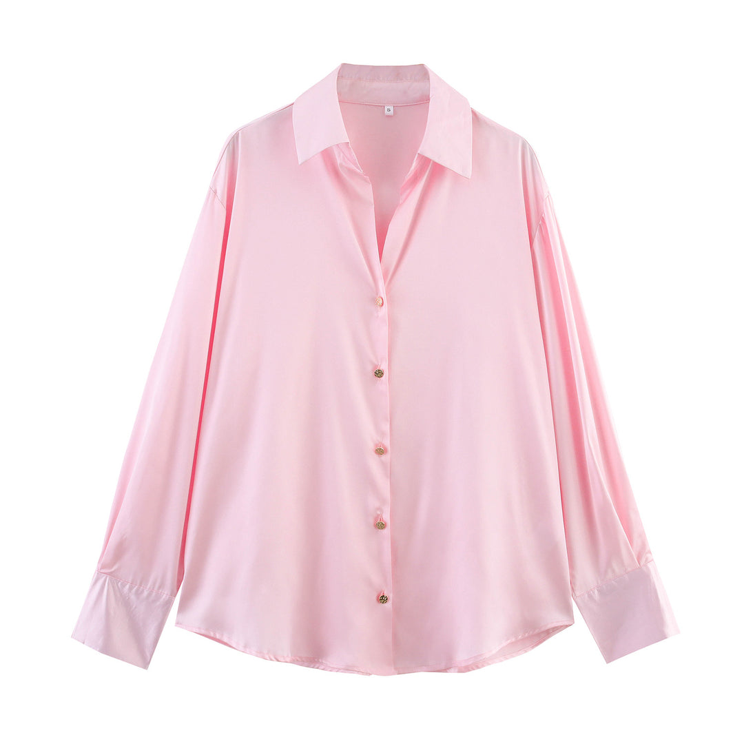 Women's oversized satin blouse with shirt collar, extended cuffs and rounded hem Mune Fashion