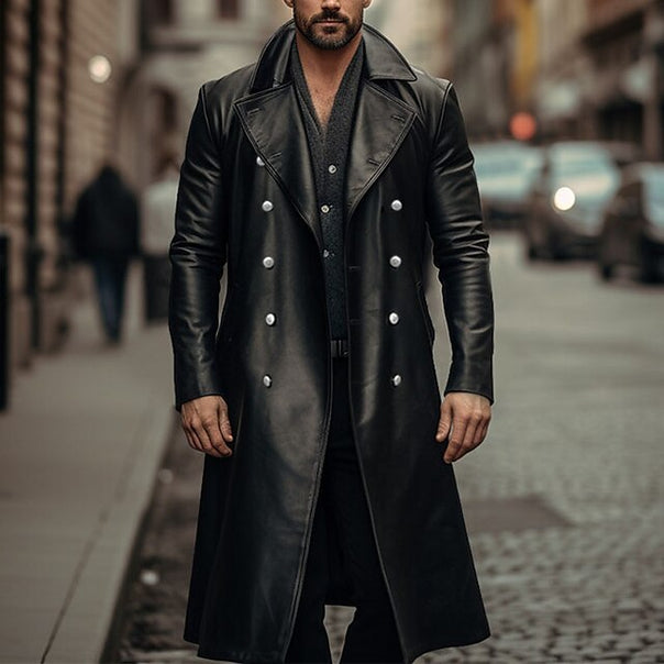 Men's Double-Breasted Leather Coat in Trench Coat Style with Slim Waist Mune Fashion