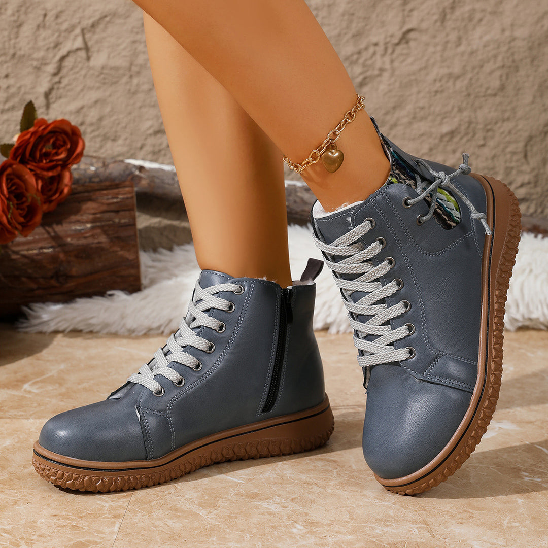 Women's padded lace-up ankle boots with teddy lining, side zipper, and textured rubber sole Mune Fashion