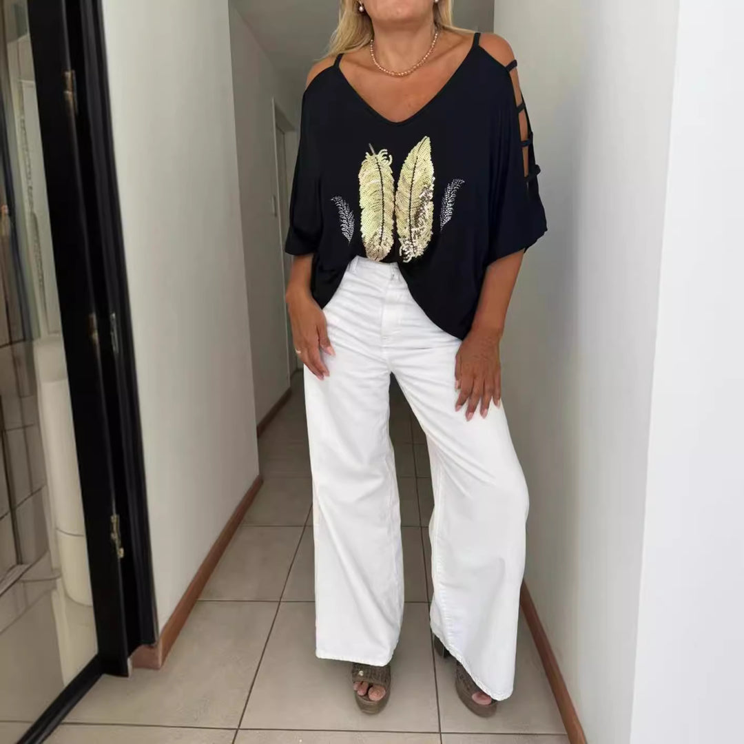 Ladies loose-fitting blouse shirt off-shoulder design with sequin-feather application and split sleeves Mune Fashion