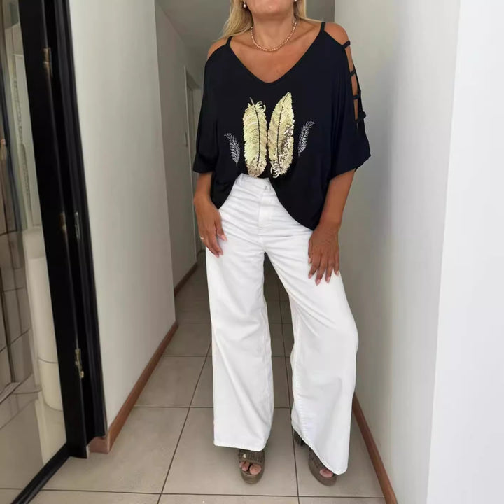 Ladies loose-fitting blouse shirt off-shoulder design with sequin-feather application and split sleeves Mune Fashion