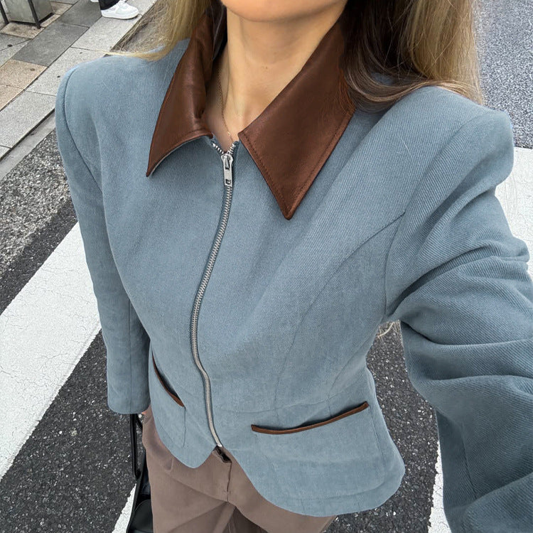 Women's Fitted Velvet Blazer with Zipper and Contrast Collar Mune Fashion
