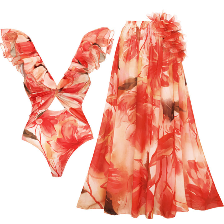 Women's one-piece swimsuit with floral ruffle details Mune Fashion