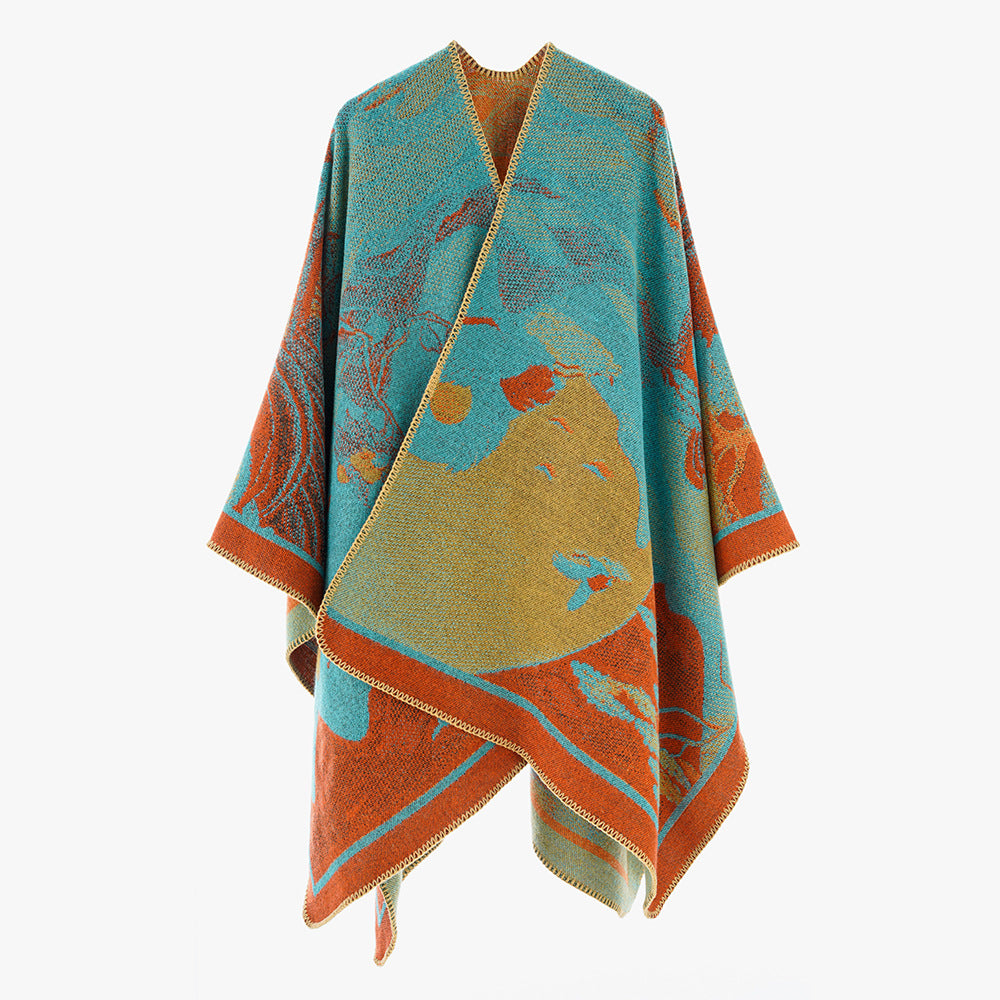 Women's jacquard knit cape with floral graphic and asymmetrical hem Mune Fashion