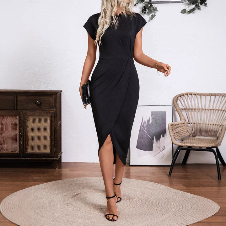Women's Wrap Midi Dress with Draped Tulip Front and Short Cap Sleeves Mune Fashion