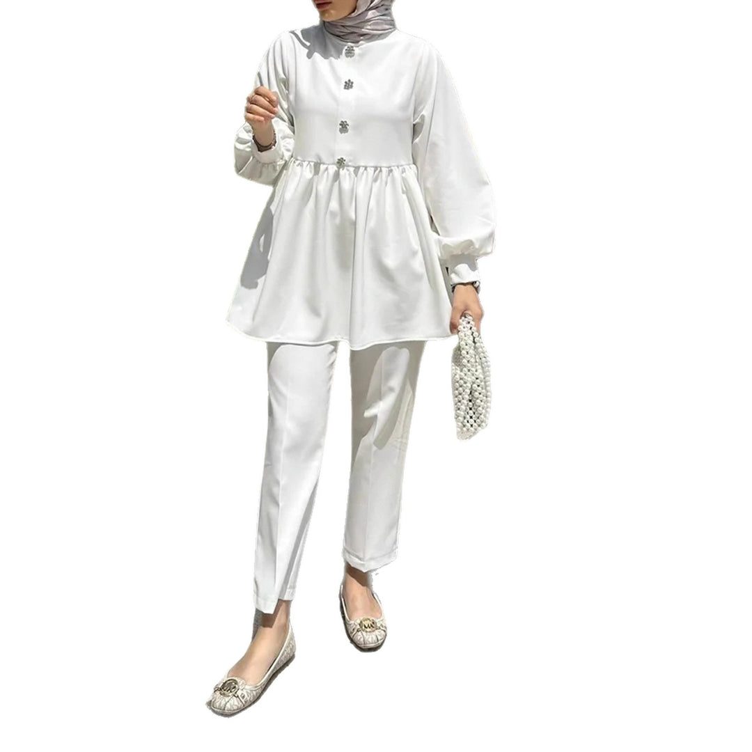 Women's Elegant Tunic-Pants Set with Ruffled Empire Tunic and Slim Suit Pants Drune