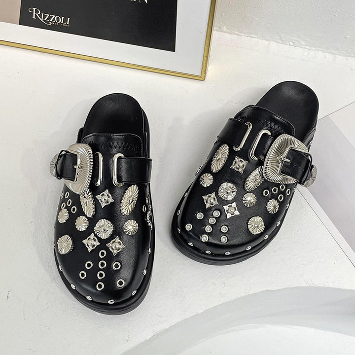 Ladies' embellished slip-on clogs with metallic conchos, large decorative buckle, and ergonomic footbed Mune Fashion