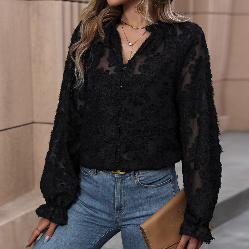 Women Elegant Transparent Blouse with Floral Applications Mune Fashion