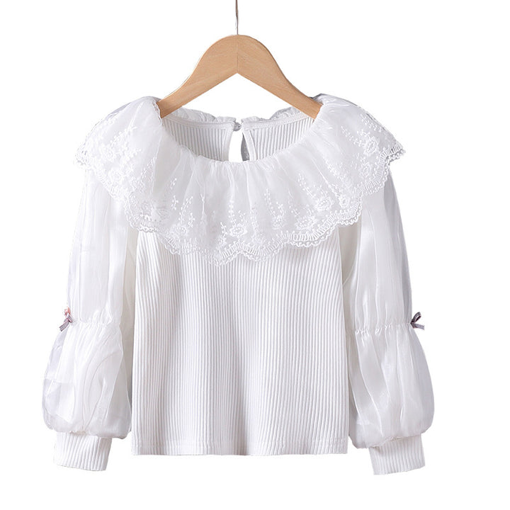 Women elegant blouse with romantic lace collar and ruffle details Mune Fashion