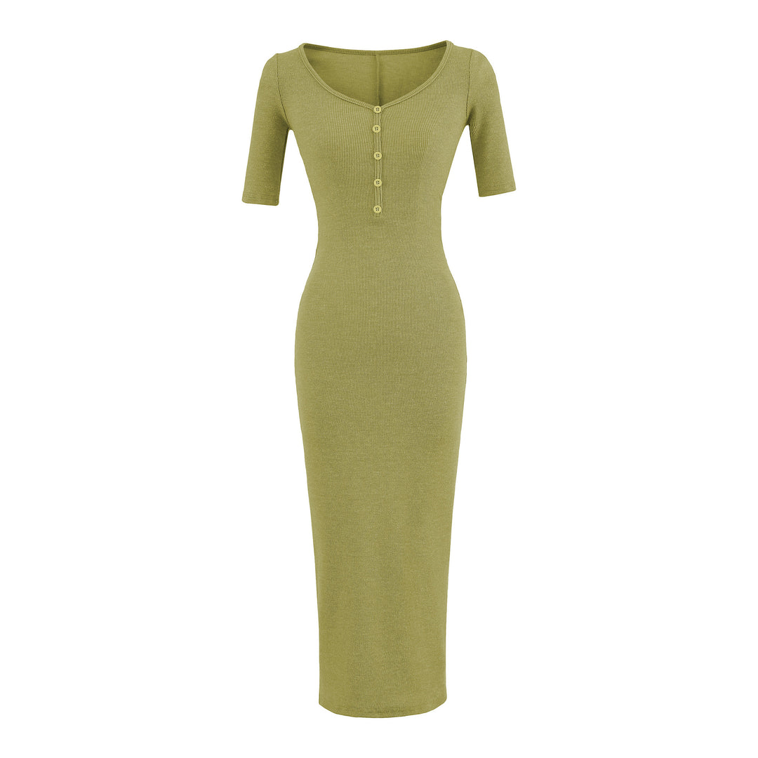 Women's Fitted Midi Dress made of Rib Knit with Button Placket and Half-Length Sleeves Mune Fashion