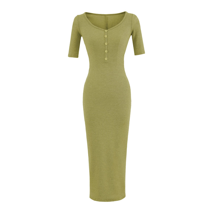 Women's Fitted Midi Dress made of Rib Knit with Button Placket and Half-Length Sleeves Mune Fashion