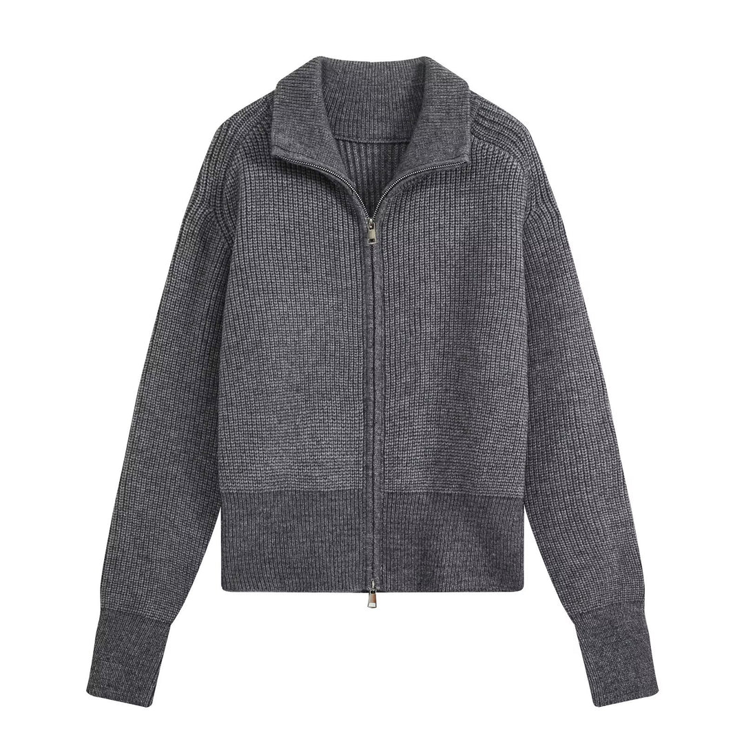 Women's Two-Piece Knit Set with Zipper Cardigan, Stand Collar and Wide Leg Trousers