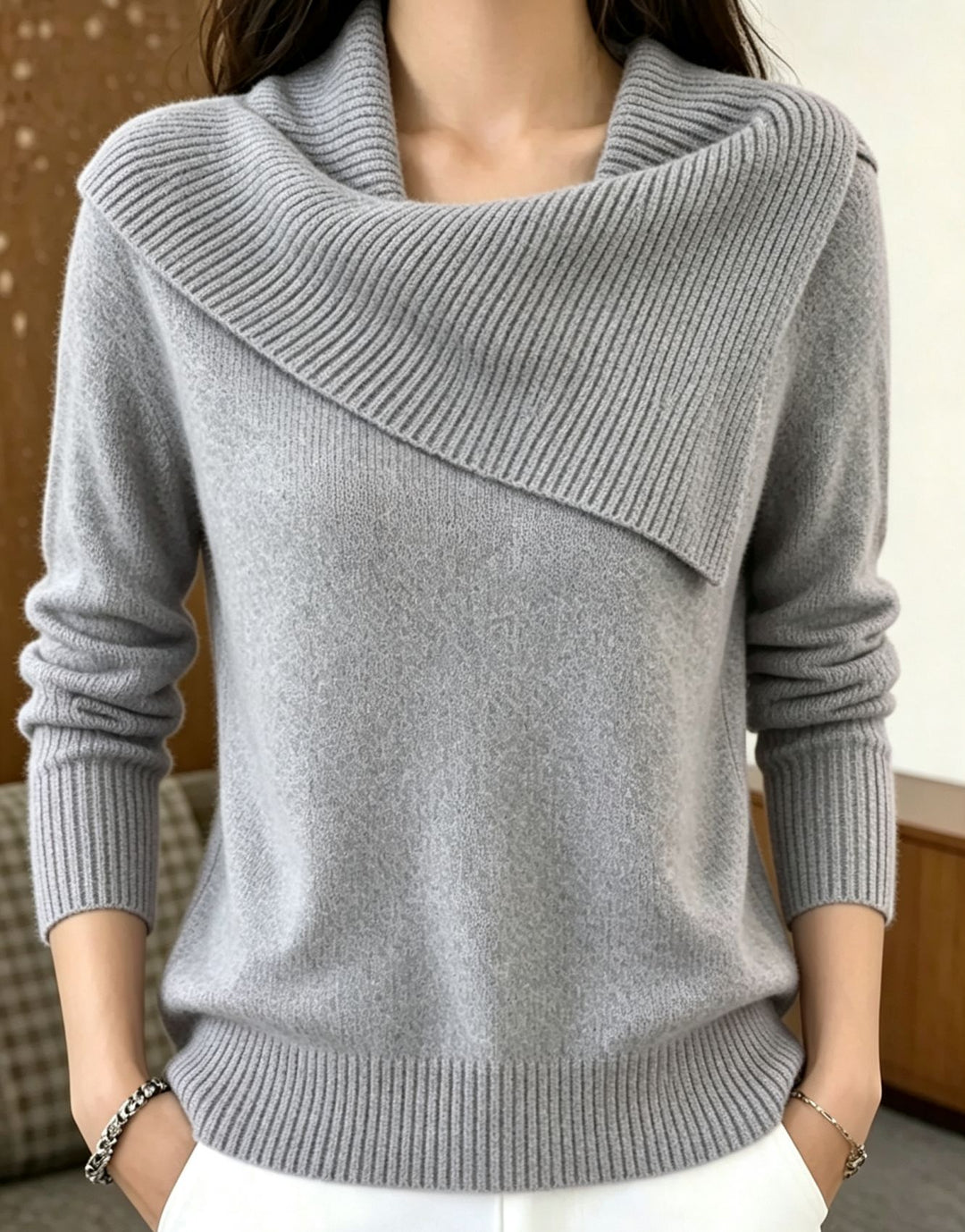 Women Oversized Turtleneck Sweater with Asymmetric Shawl Collar Mune Fashion
