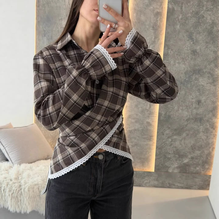Women's checked shirt with lace trim and asymmetrical wrap hem Mune Fashion