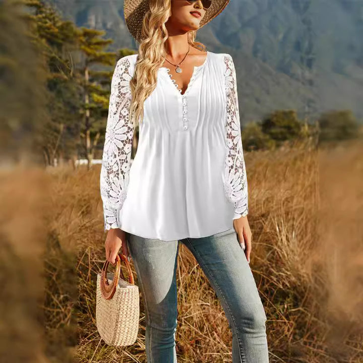 Women Loose Tunic Top with Lace Sleeves, Decorative Pleats and Button Placket Mune Fashion
