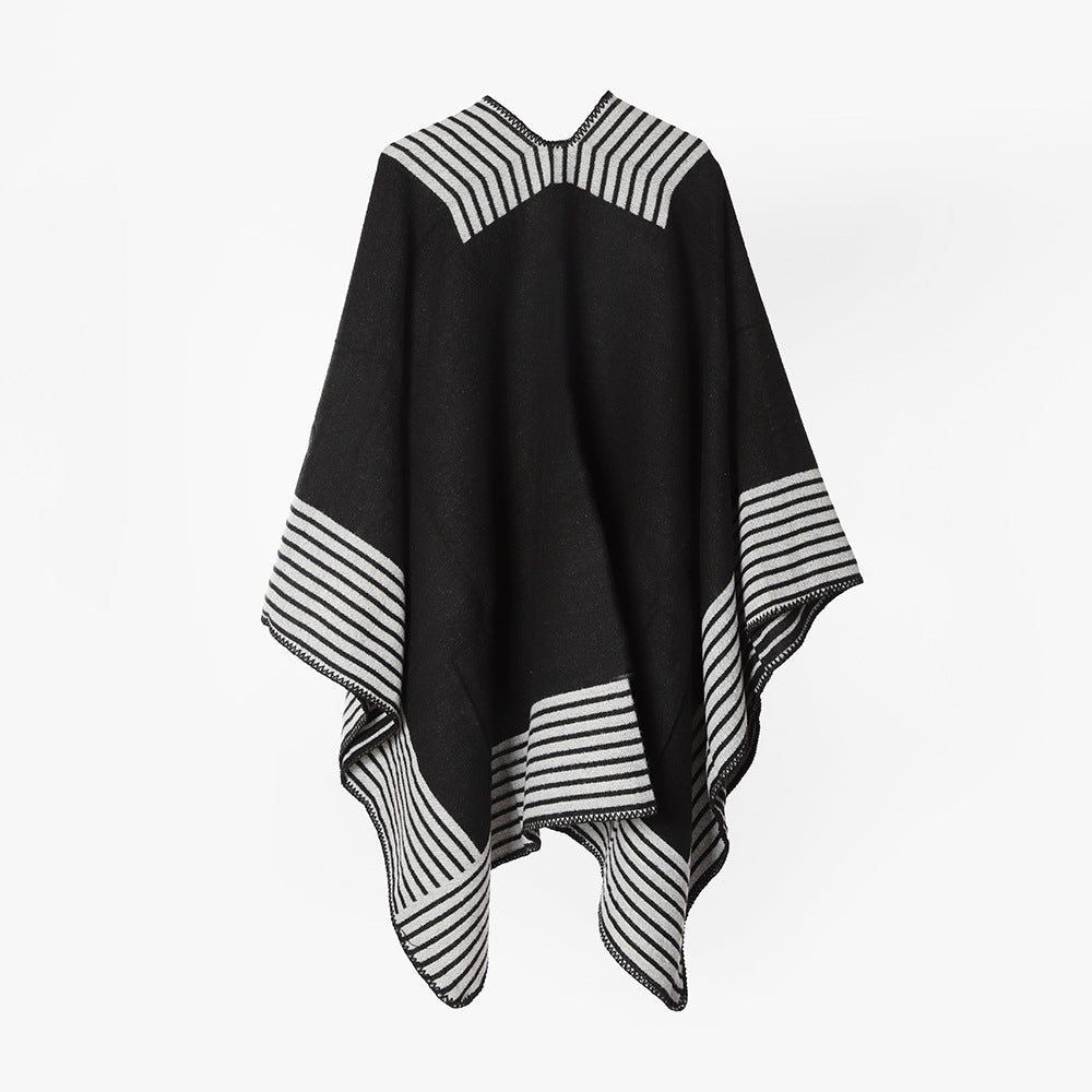 Women's knit poncho made of wool blend with striped jacquard and asymmetrical pointed hem Mune Fashion