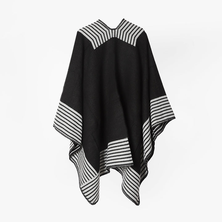 Women's knit poncho made of wool blend with striped jacquard and asymmetrical pointed hem Mune Fashion