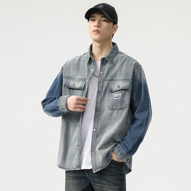 Men's overshirt made of denim with contrast sleeves and light used wash Mune Fashion