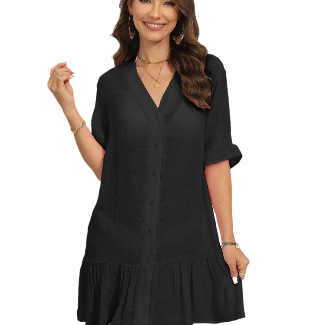 Ladies summer beach dress with short sleeves and ruffled hem Mune Fashion