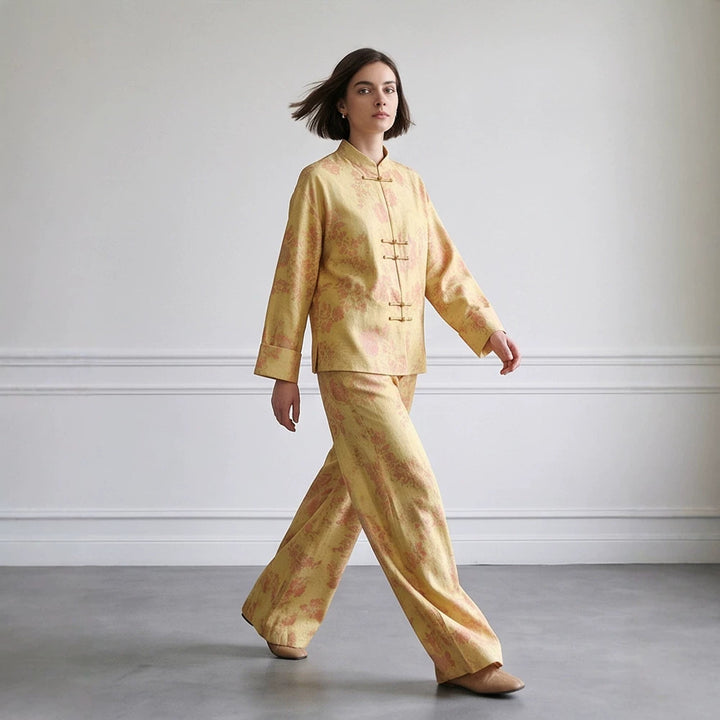 Womens Two-Piece Jacquard Set with Mandarin Collar and Wide Cut Trousers Mune Fashion