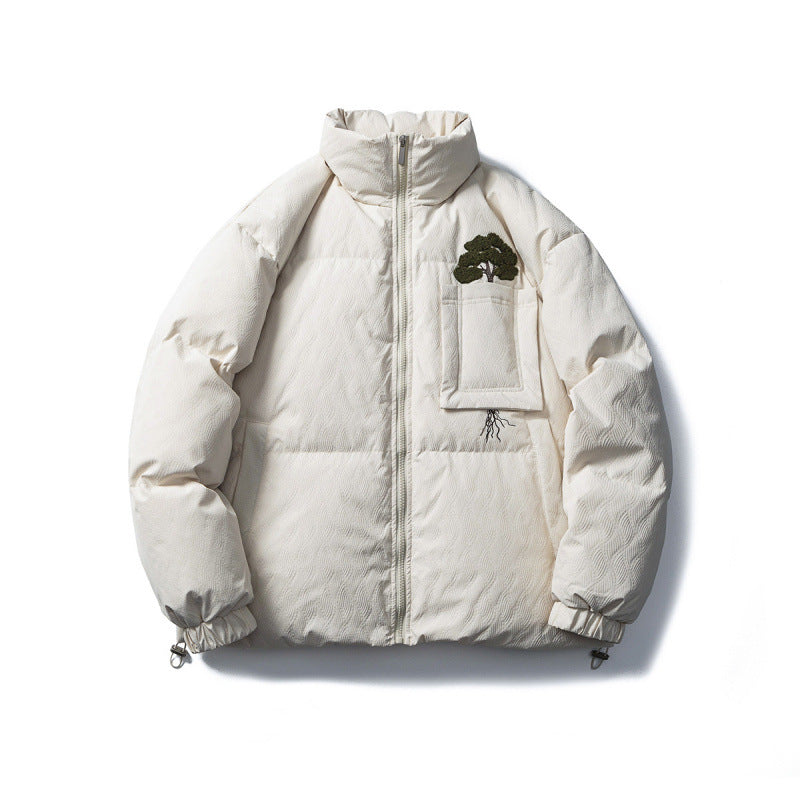 Unisex Kastig padded stand-up collar jacket with tree embroidery, chest flap pocket and drawstring hem Mune Fashion