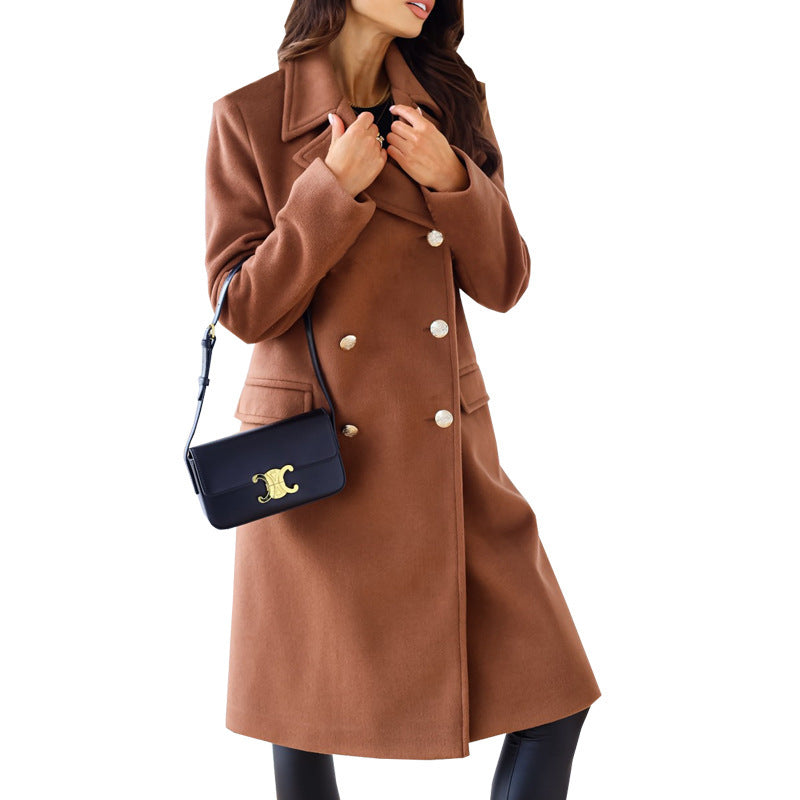 Women's tailored wool blend long coat with double button placket, lapel collar, and flap pockets Mune Fashion