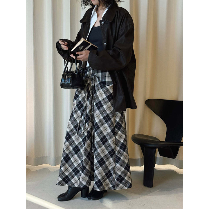 Women's Wide Checked Maxi Skirt with Drawstring and Layered Ruffles Mune Fashion