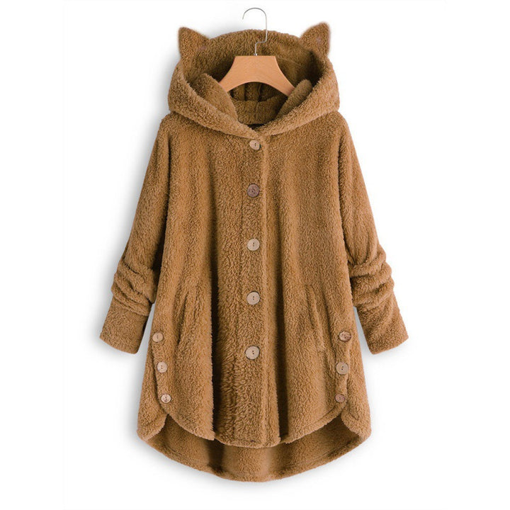 Women's Hooded Teddy Coat with Cat Ears, Button Placket and Asymmetrical Hem Mune Fashion