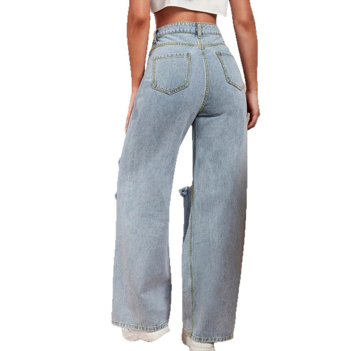Ladies high-waisted baggy jeans in wide-leg with multi-level knee cutouts Mune Fashion
