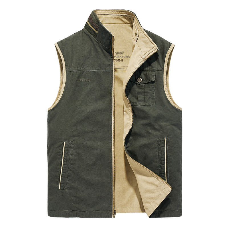 Men's Outdoor Canvas Vest with Reinforced Pockets, Stand Collar and Soft Cotton Lining Mune Fashion