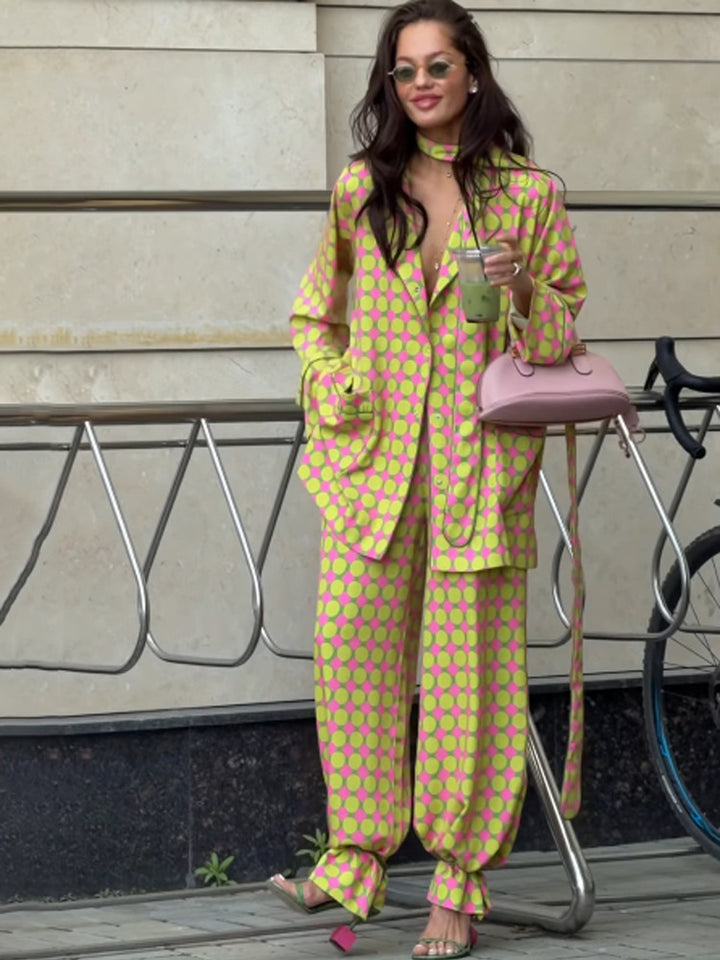 Women Two-Piece Silk Look Suit Set with Oversized Blazer, Wide Pleated Pants & Matching Tube Scarf Mune Fashion