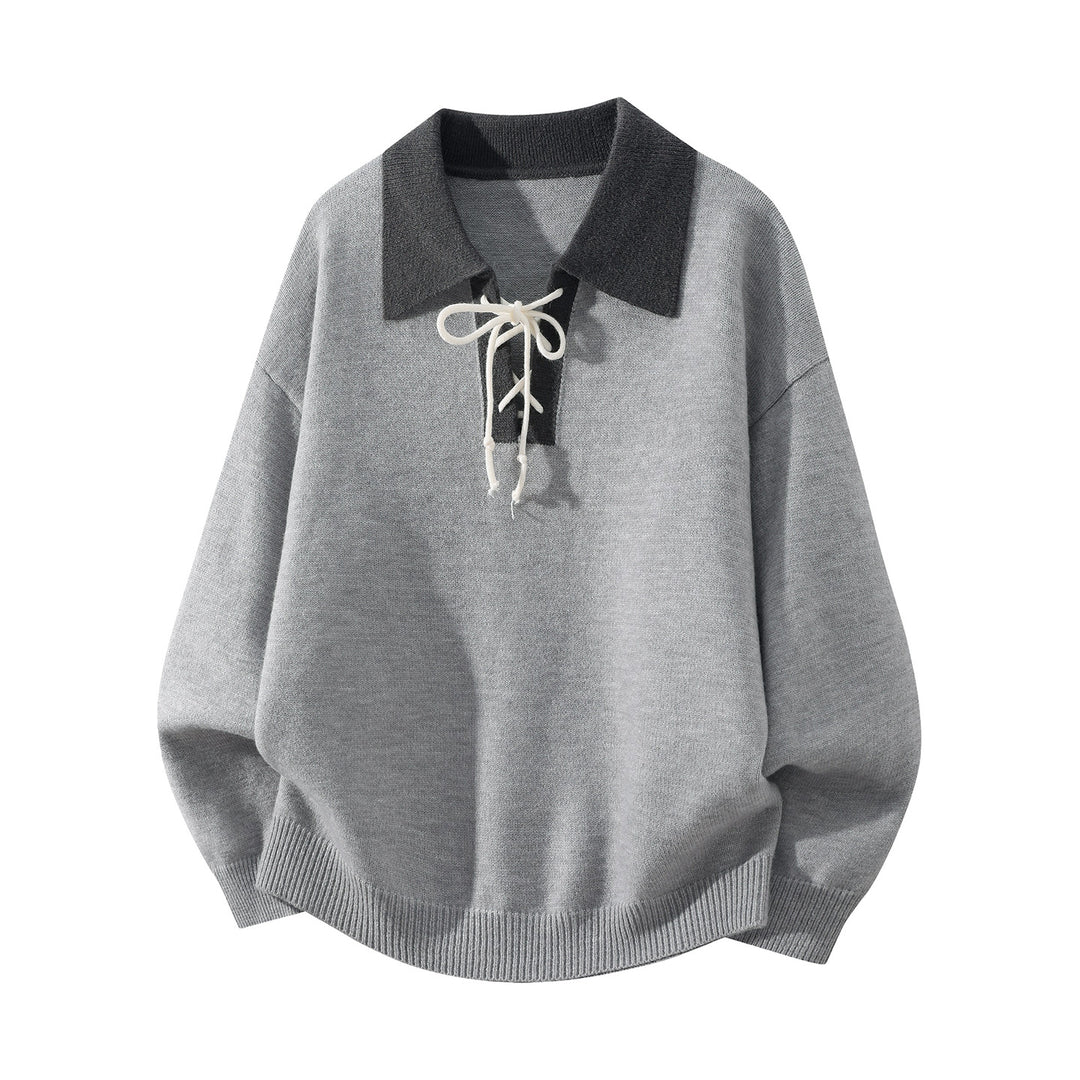 Men's Oversize Knit Sweater with Shirt Collar, Drawstring Neck Closure & Ribbed Finishes Mune Fashion