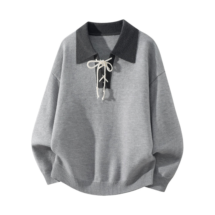 Men's Oversize Knit Sweater with Shirt Collar, Drawstring Neck Closure & Ribbed Finishes Mune Fashion