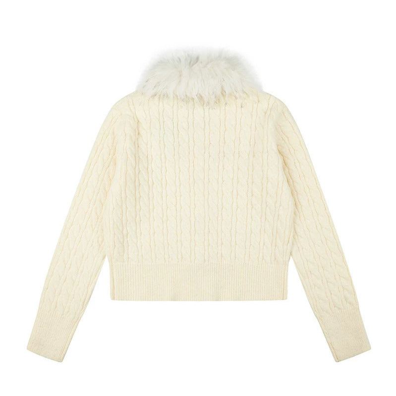 Women's Short Cable Knit Cardigan with Removable Faux Fur Collar and Toggle Button Closure Mune Fashion