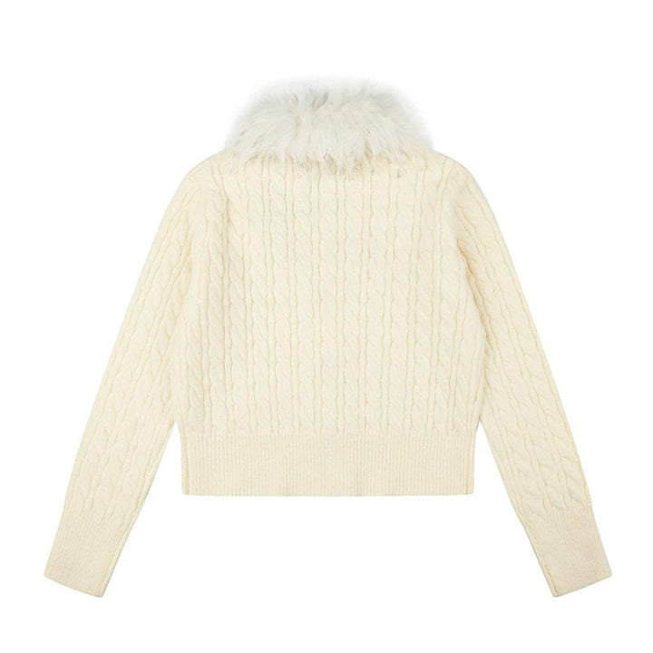 Women's Short Cable Knit Cardigan with Removable Faux Fur Collar and Toggle Button Closure Mune Fashion