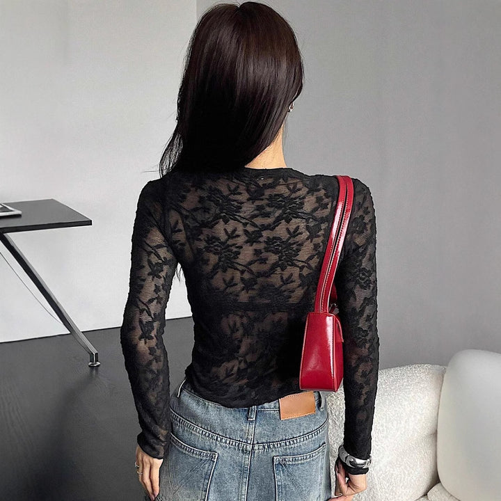 Women nan a fitted lace long-sleeve shirt with floral lace, slightly transparent and high collar Mune Fashion