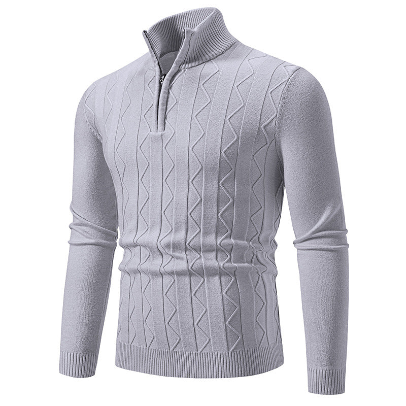 Men Slim-Fit Half-Zip Knit Sweater with Mock Neck, Cable Knit Pattern and Ribbed Cuffs Mune Fashion