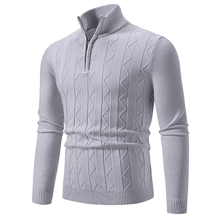 Men Slim-Fit Half-Zip Knit Sweater with Mock Neck, Cable Knit Pattern and Ribbed Cuffs Mune Fashion