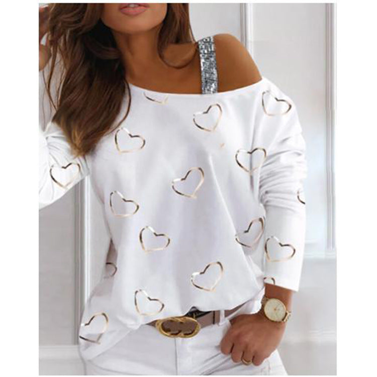 Women Off-Shoulder Knit Sweater with Heart Print and Sequin Straps Mune Fashion