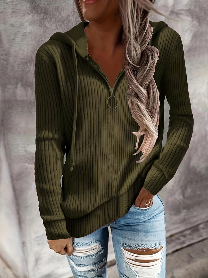 Women's Casual Ribbed Knit Hoodie with Half-Zip and Ring Zipper Drune