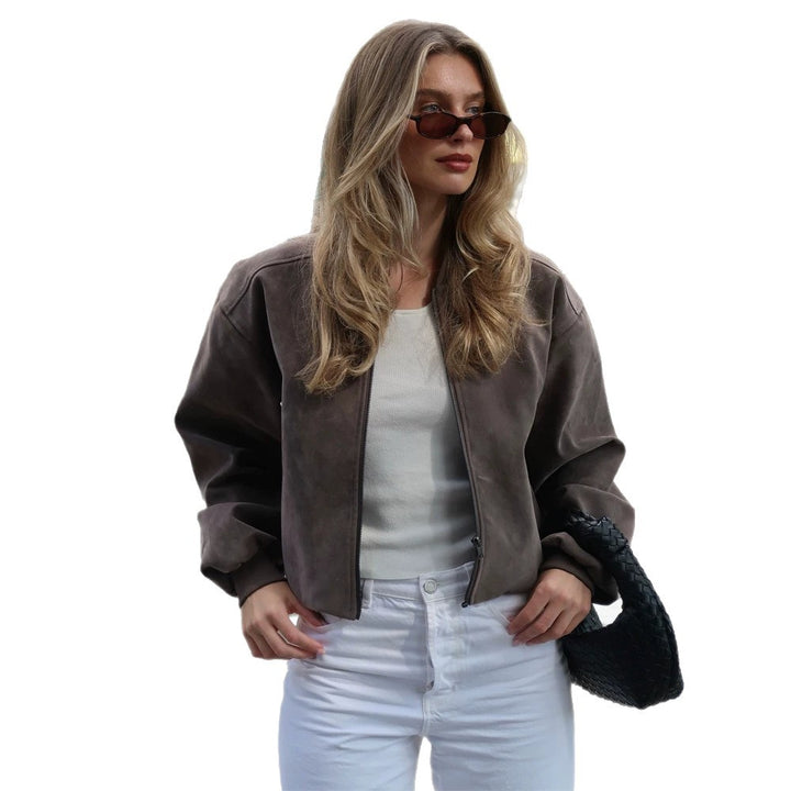 Women's Short Boxy Suede Bomber Jacket with Stand Collar and Ribbed Cuffs Mune Fashion