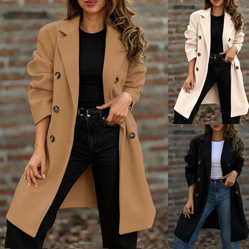 Women double-breasted wool blend short coat with lapel collar Mune Fashion