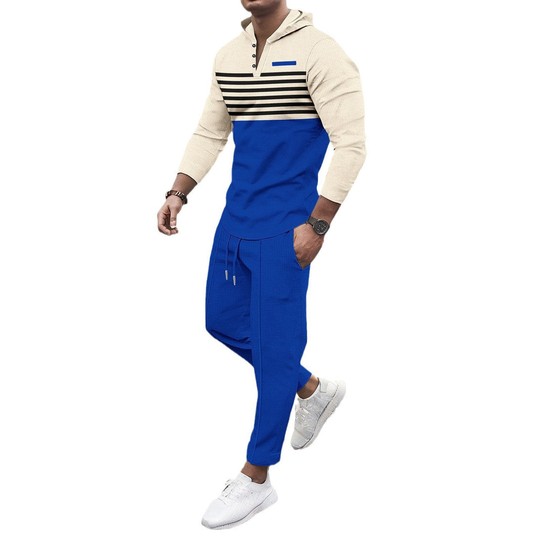 Men's urban hooded Henley leisure set with striped yoke and cropped jogger pants Mune Fashion